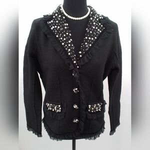 PBJ Sport BLACK BLAZER Jacket 100% Wool Fringe Ruffle W/ PEARLS & Clear Stones M